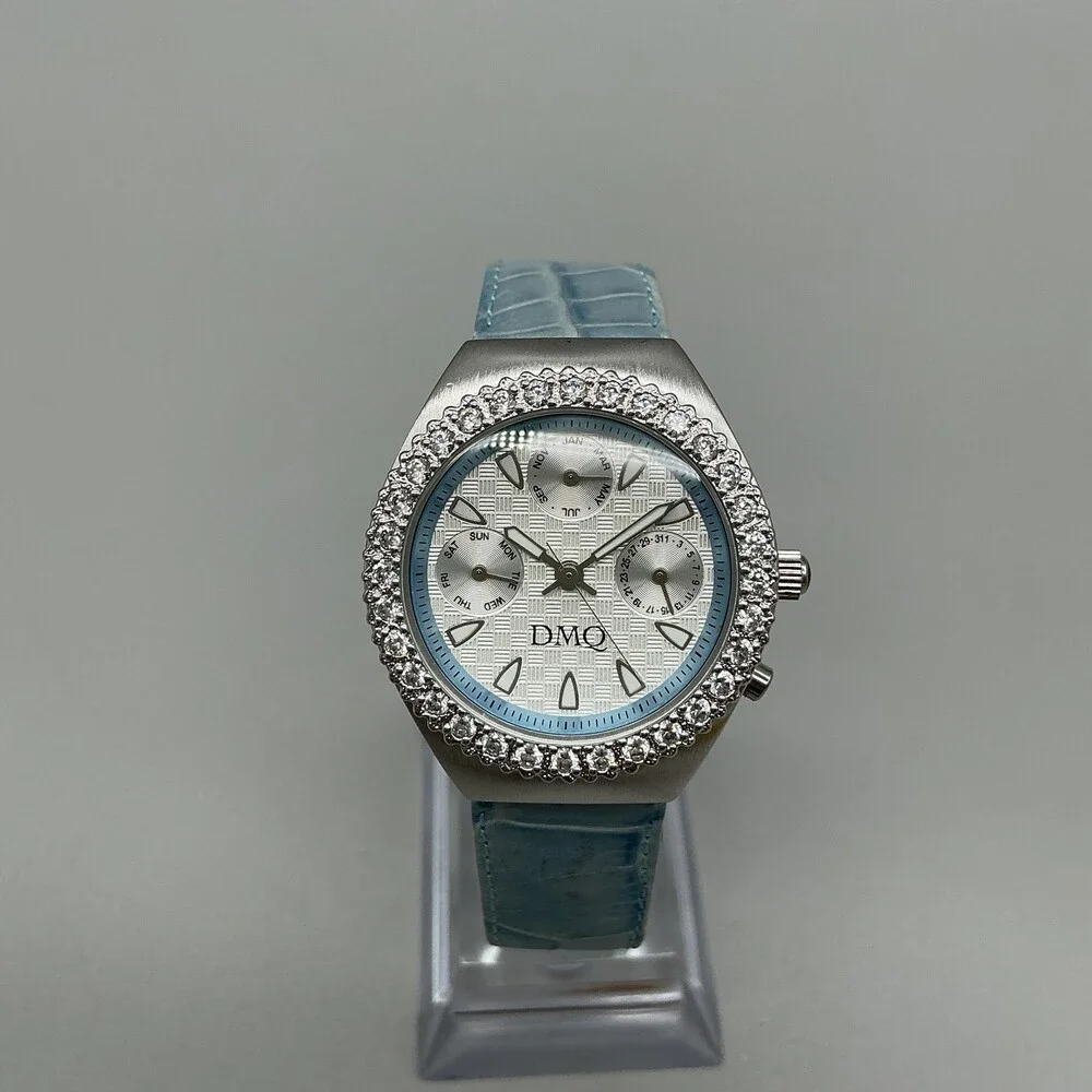 DMQ QVC Womens Watch 32mm Blue Silver Tone Crystal Day Date Leather New Battery